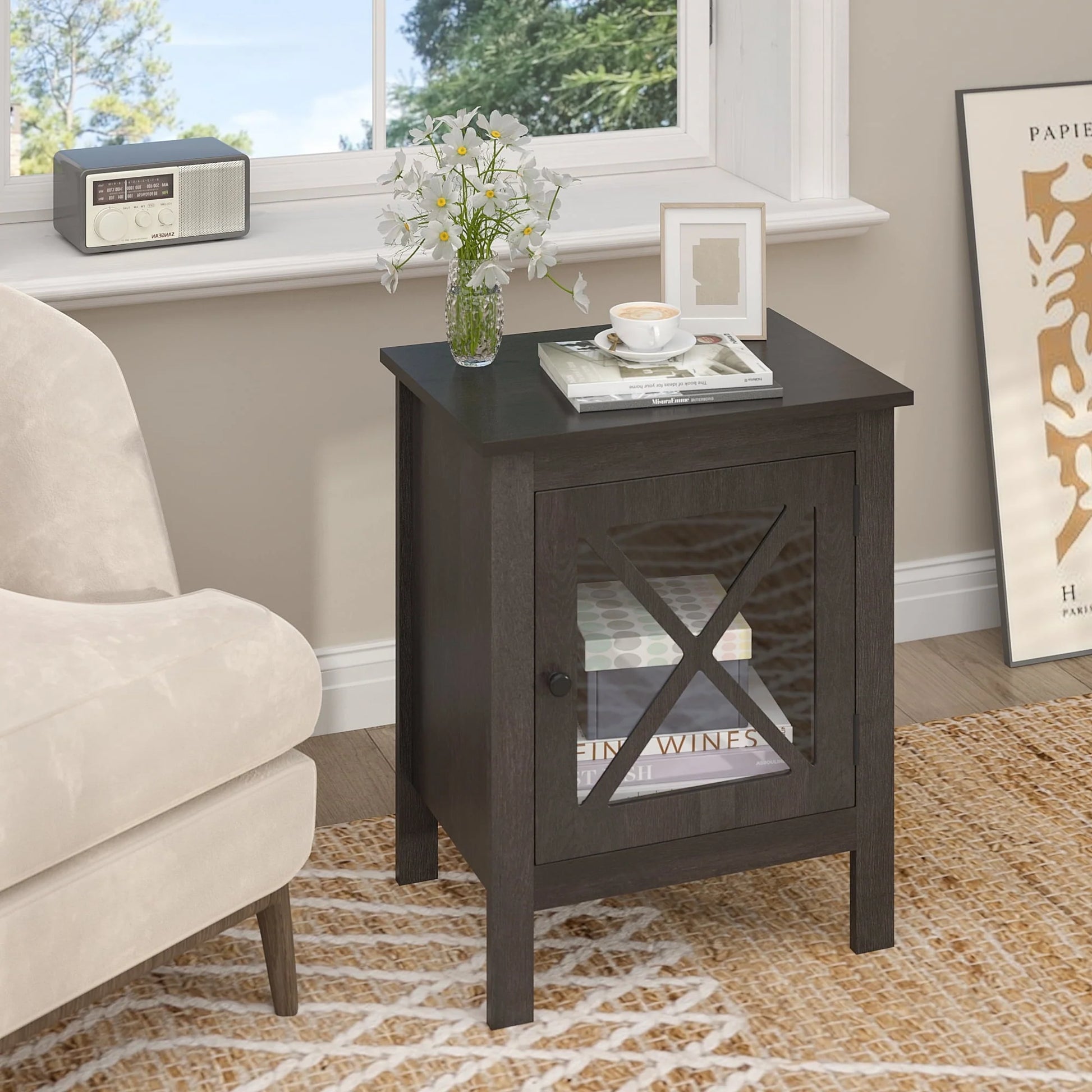 Jaxpety Set of 2 Nightstands Bedside Table W/x-Design Glass Door for Bedroom Living Room, Dark Gray