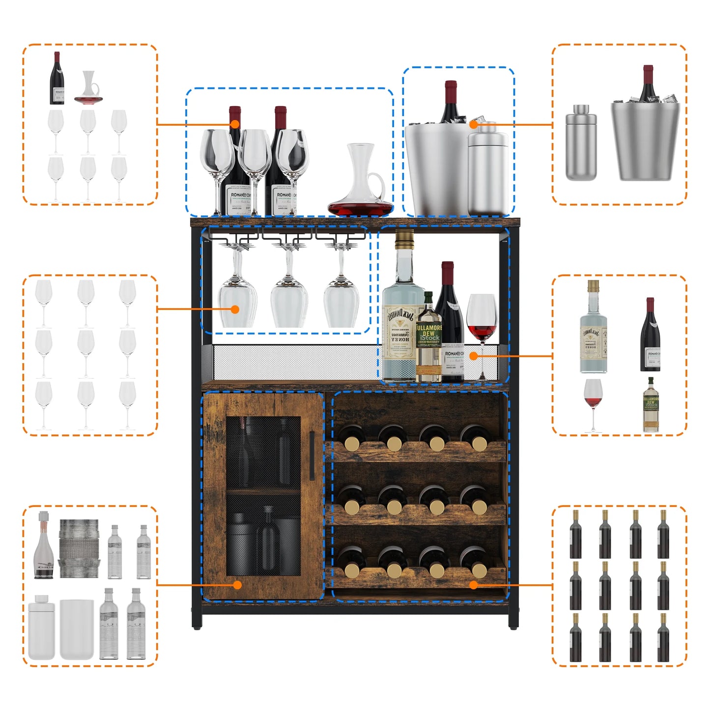 Wine Cabinet Bar Cabinet with Removable Wine Rack, Wine Cabinet and Wine Glass Bar Cabinet with Glass Rack and Mesh Door, Wine Cabinet with Reasonable Functional Partitioning