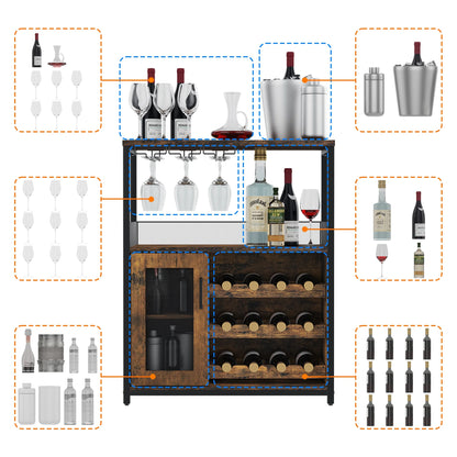 Wine Cabinet Bar Cabinet with Removable Wine Rack, Wine Cabinet and Wine Glass Bar Cabinet with Glass Rack and Mesh Door, Wine Cabinet with Reasonable Functional Partitioning