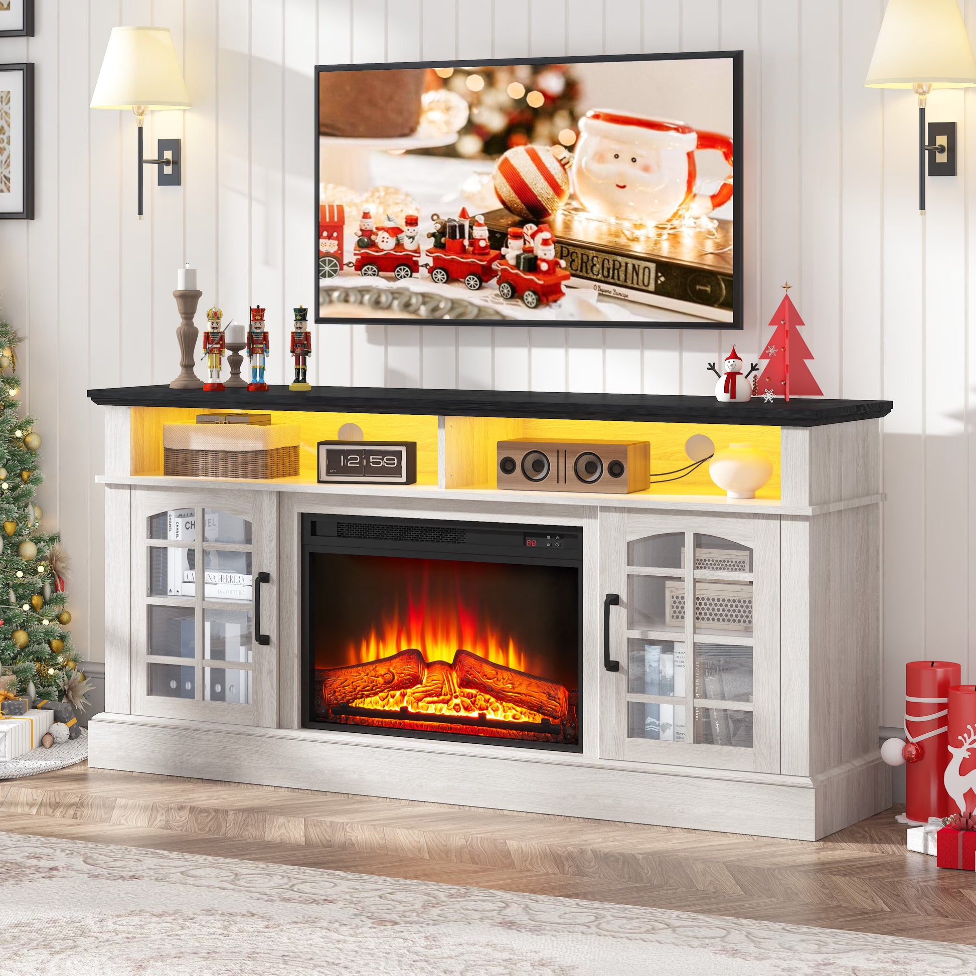SYNGAR Fireplace Electric TV Stand for 65" TV with LED Light, Modern Entertainment Center With Remote Control Virtual Flame Fireplace, 2 Cabinet Storage, Glass Door, Storage Shelves, Brown
