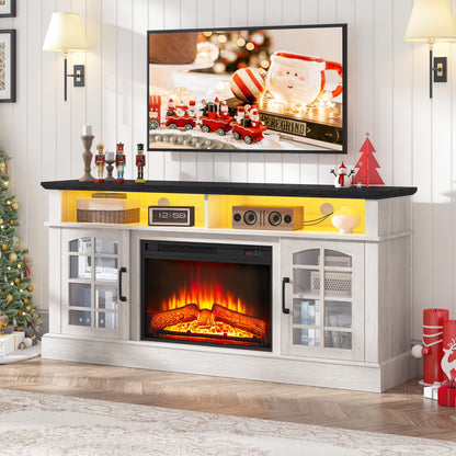 SYNGAR Fireplace Electric TV Stand for 65" TV with LED Light, Modern Entertainment Center With Remote Control Virtual Flame Fireplace, 2 Cabinet Storage, Glass Door, Storage Shelves, Brown
