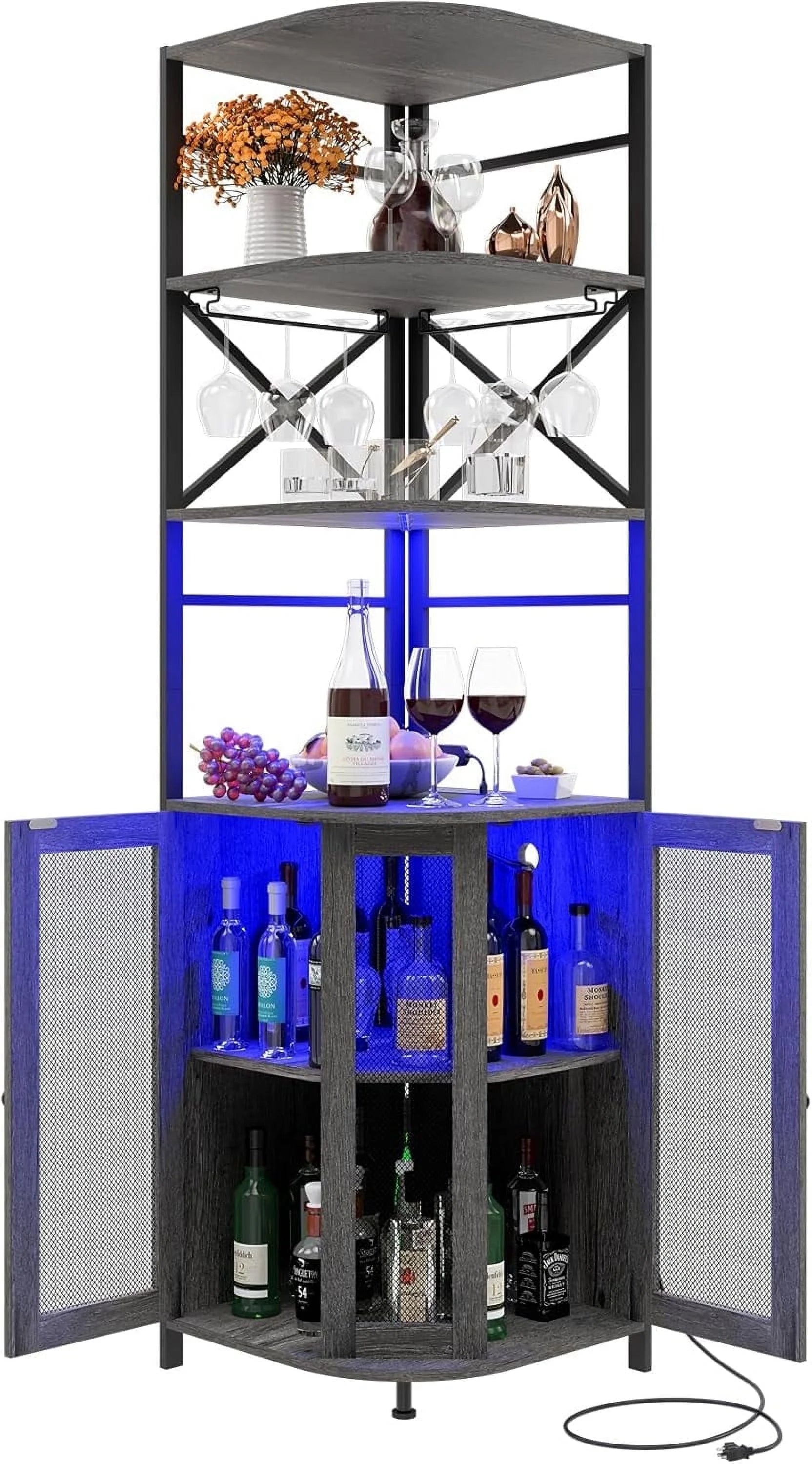 Frmobepts Corner Bar Cabinet with Power Outlet, 6-Tiers Industrial Wine Cabinet with LED Strip and Glass Holder for Living Room, Kitchen, Grey