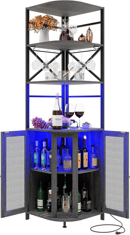 Frmobepts Corner Bar Cabinet with Power Outlet, 6-Tiers Industrial Wine Cabinet with LED Strip and Glass Holder for Living Room, Kitchen, Grey