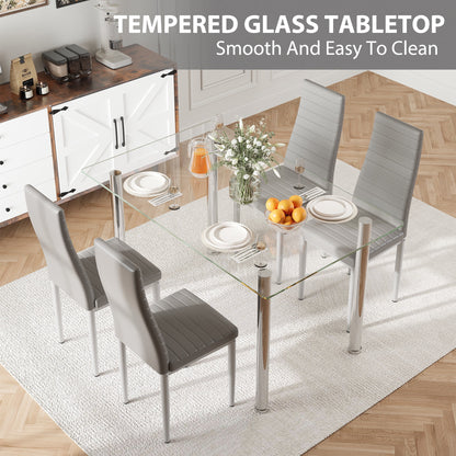 PAPROOS Dining Table Set for 4, Modern Kitchen Table Sets with Tempered Glass Dining Table and 4 PU Leather Chairs, Compact Dining Room Set for Small Space, Home Dinette Set for 4, Gray