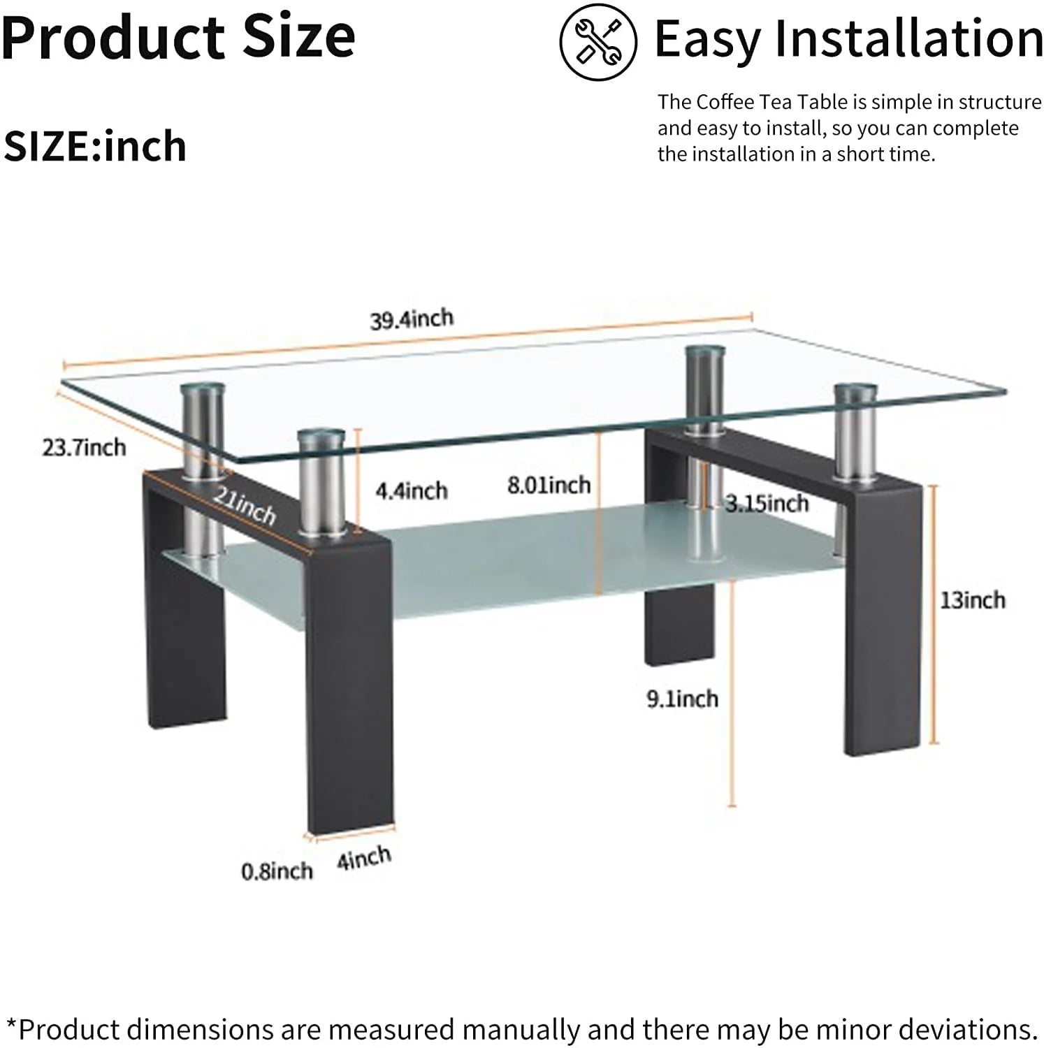 Glass Coffee Table with Lower Shelf, Clear Rectangle Glass Coffee Table, Modern Coffee Table with Metal Legs, Rectangle Center Table Sofa Table Home Furniture for Living Room, L5509