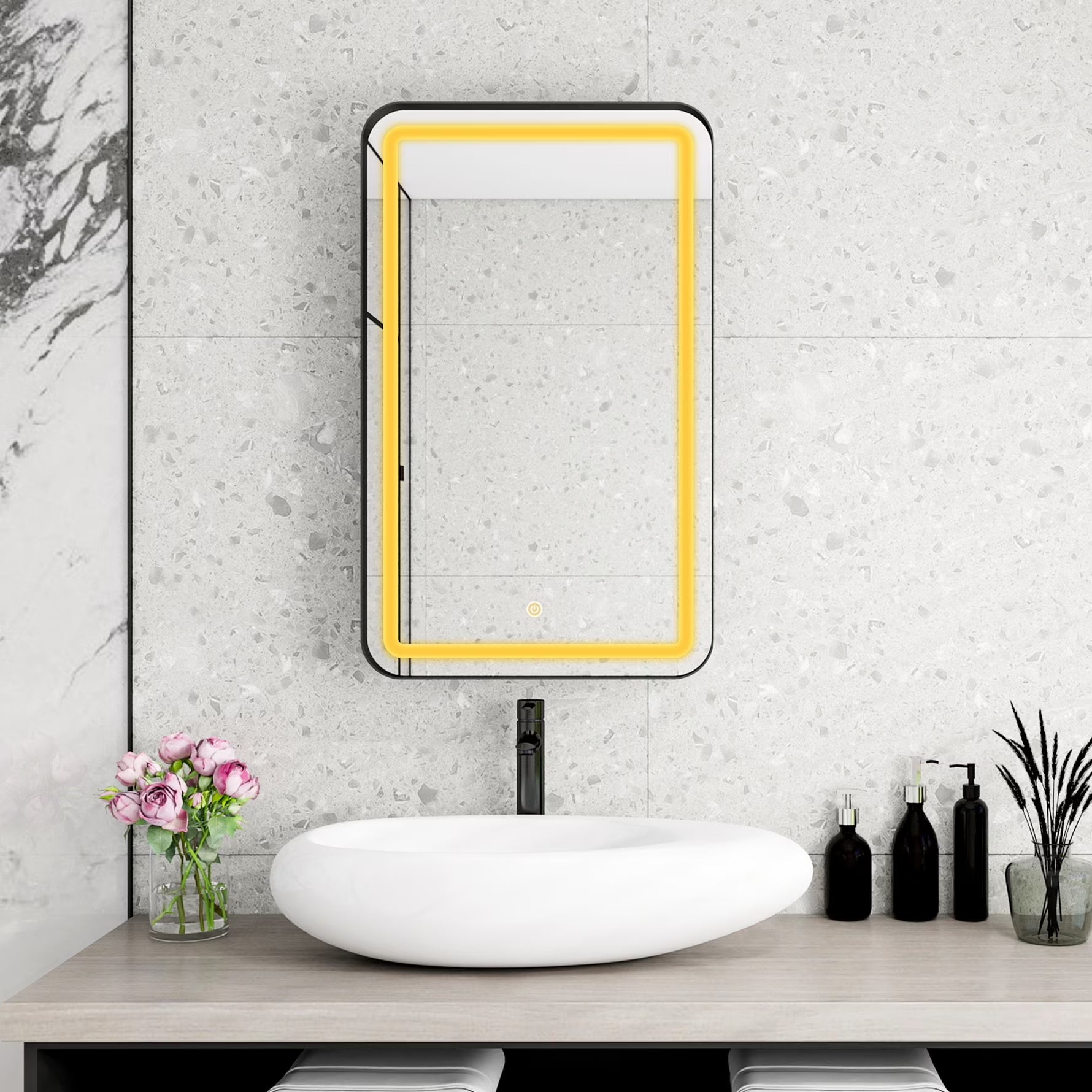 21x34 Inch Gold Medicine Cabinet with LED Mirror, Wall Mounted Bathroom Storage with Adjustable Glass Shelves, Recessed or Surface Mount Design