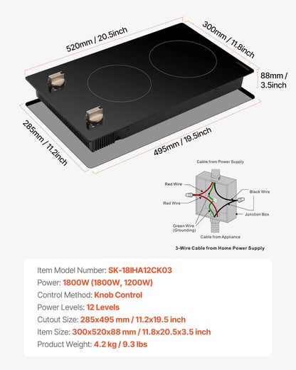KFFKFF 12 Inch Induction Stove, 1800W 2 Burner Electric Cooktop Built-in Stove top with Knob-Controlled, 12 Heat Levels, Glass Top, Automatic Power-Off