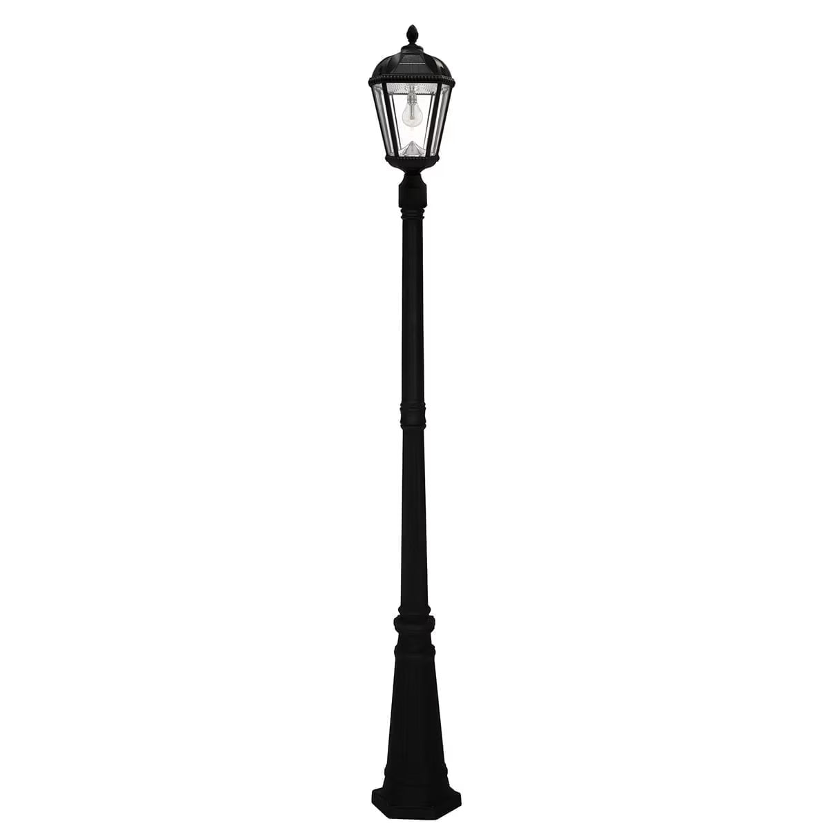 Gama Sonic Solar Outdoor Lamp Post Light, Black Cast Aluminum and Beveled Glass Panels, 10-Year Royal Bulb, Warm White LED with Omni-Direction Reflector, 87-inch Height, 98B001