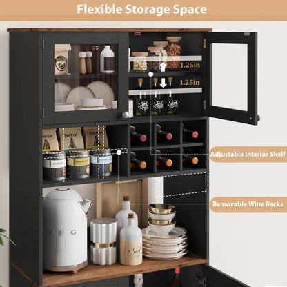 Homfa 75.2'' Kitchen Pantry Storage Cabinet with Wine Rack & Adjustable Shelf, 2 Drawer Modern Farmhouse Buffet with Glass Door for Dining Room Living Room, Black