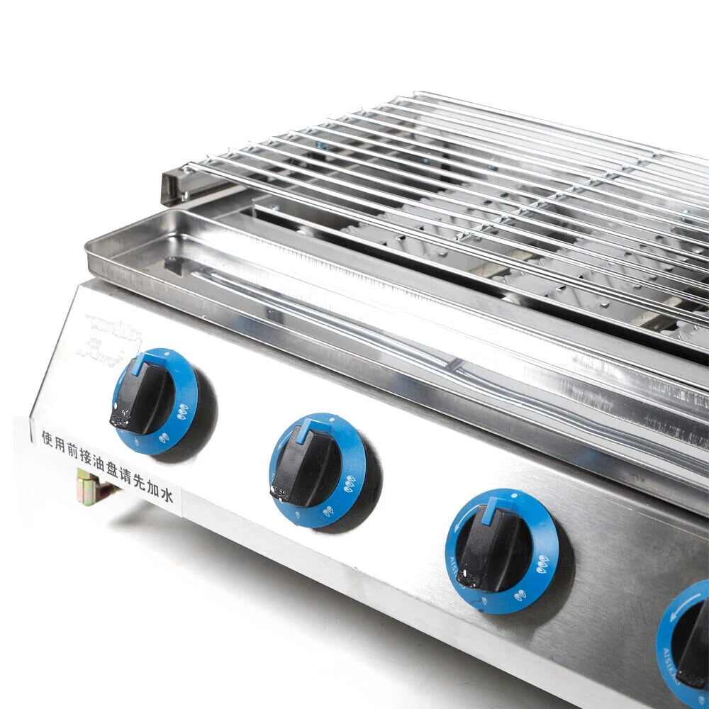 Commercial Gas LPG Grill 2800PA Outdoor BBQ Tabletop Cooker 6-Burner 6 Burners LPG Gas BBQ Grill Stainless Steel Smokeless Grill Glass Shield Outdoor