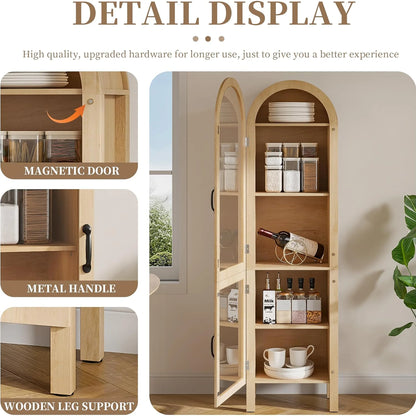 Tall Arched Storage Display Cabinet 5-Shelf with Acrylic Glass Doors, Kitchen Pantry Storage Cabinet Accent Cabinet Bookcase for Living Dining Room