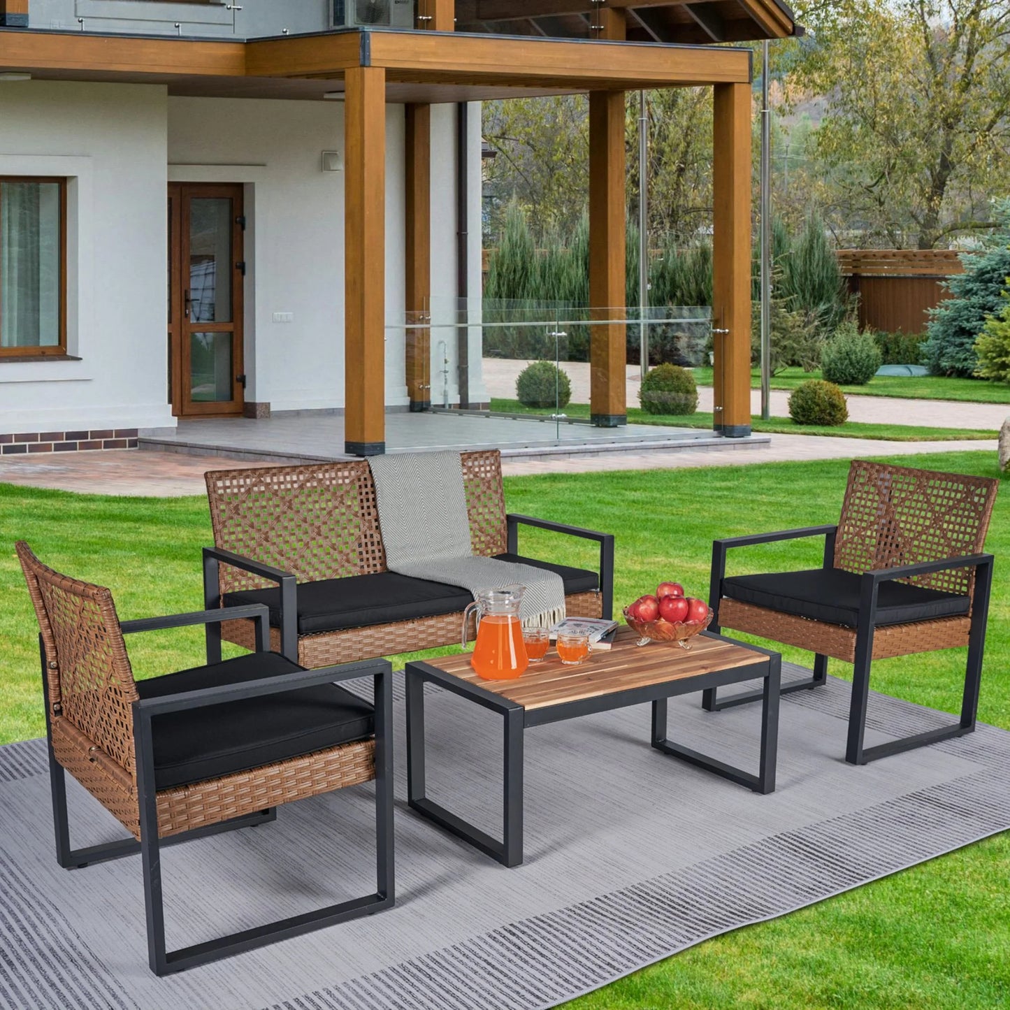 4-Piece Patio Conversation Sets, 2025 Upgrade All-Weather Wicker Patio Furniture Set w/Seat Cushions & Tempered Glass Coffee Table, Outdoor Patio Sets for Porch Poolside Backyard Garden, 705lbs