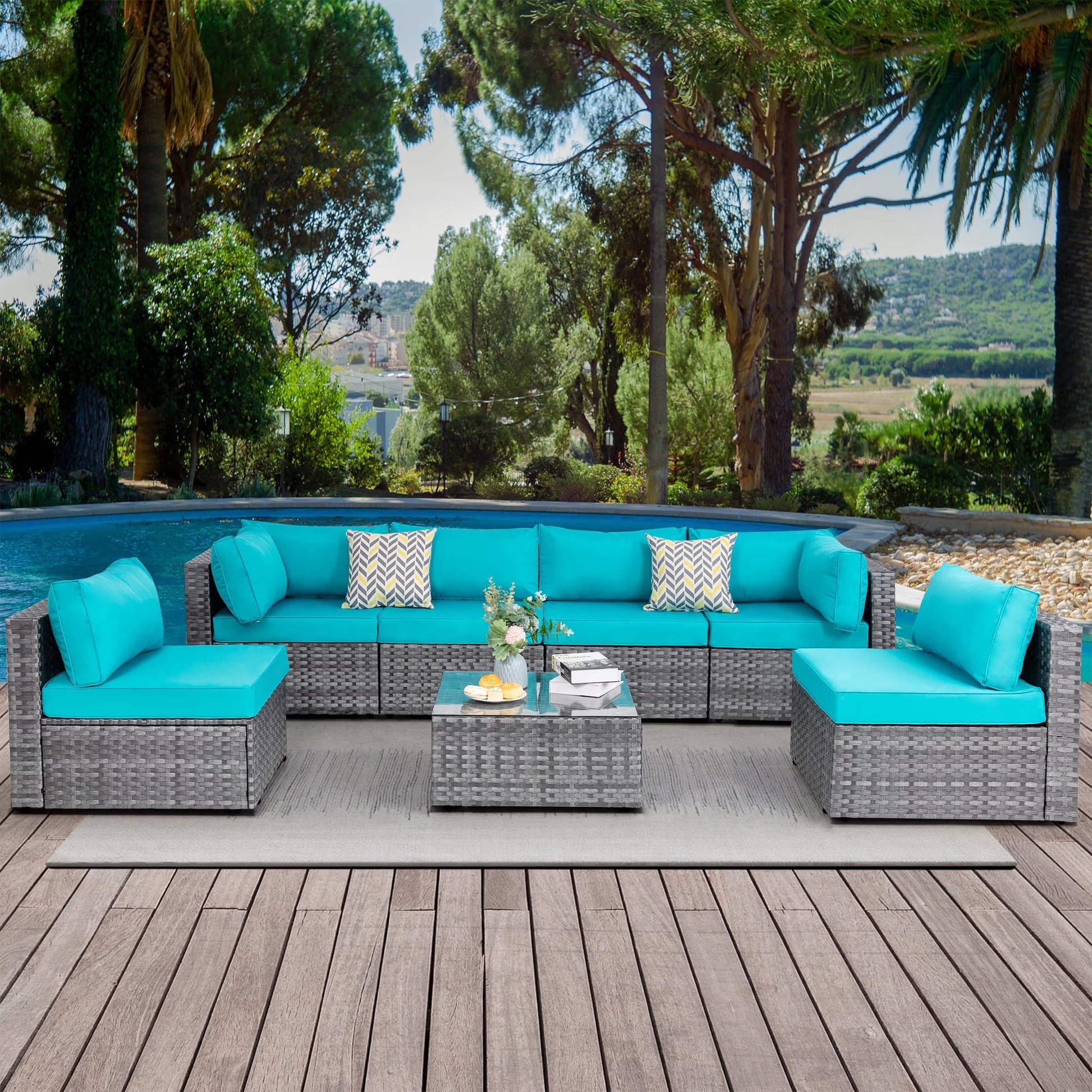 Walsunny 7 Piece Outdoor Patio Conversation Set, Rattan Sectional Sofa Set, All-Weather Outdoor Modern Sectional Furniture Wicker Couch with Glass Coffee Table,Navy Blue