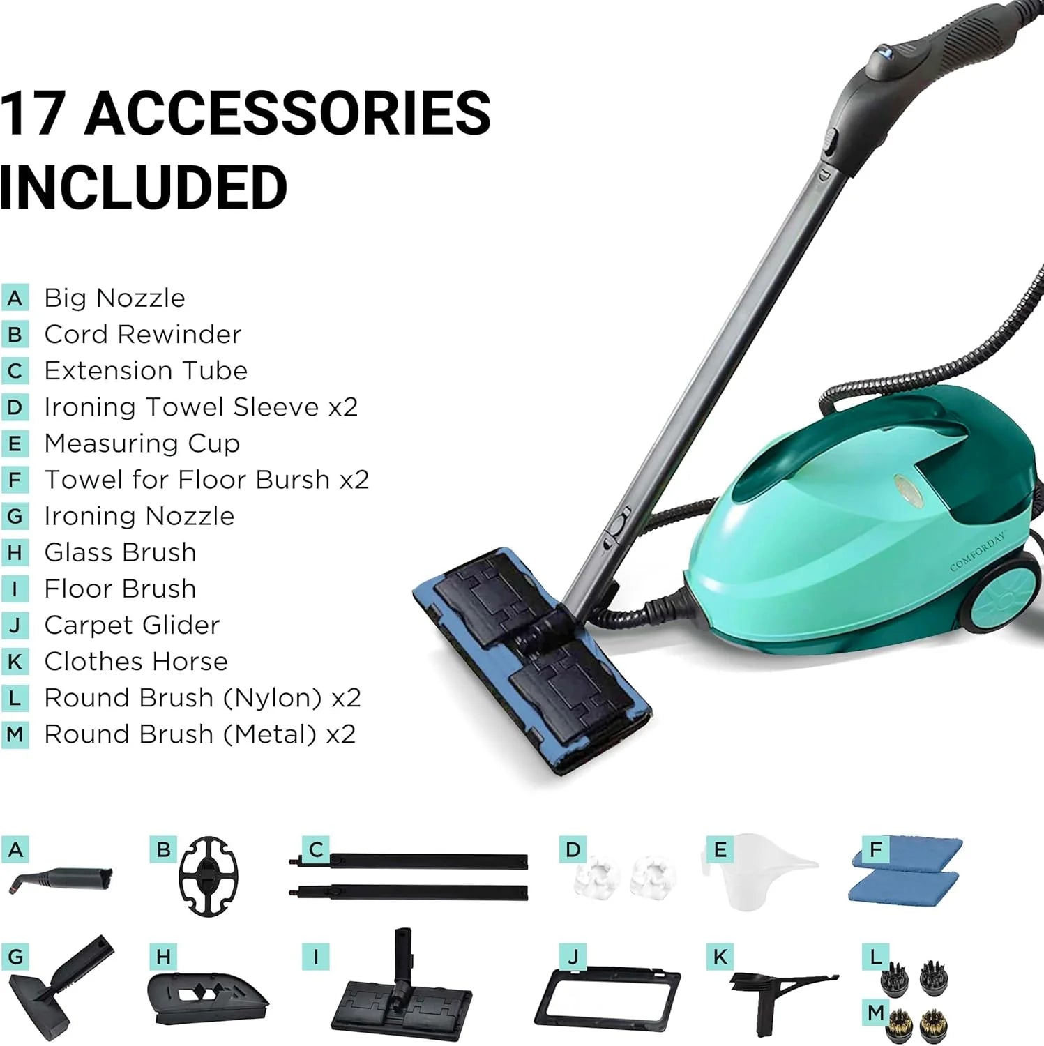 Nozzle, Separate Brushes for Ironing, Nylon, Glass, Carpet, Car, Metal, and Floor. Sleeves and Towel, Measuring Cup (Cyan)