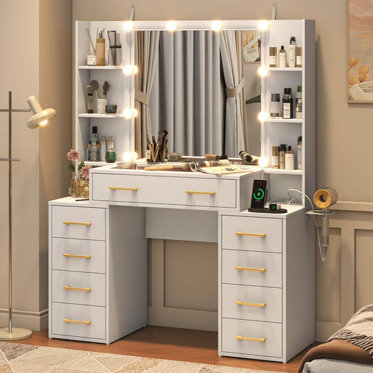 White Vanity Desk with Mirror & LED Lights, Glass Top Vanity Desk with Charging Station & Compartment Storage Drawers, 43" Large Makeup Vanity Table with 9 Drawers & 6 Shelves