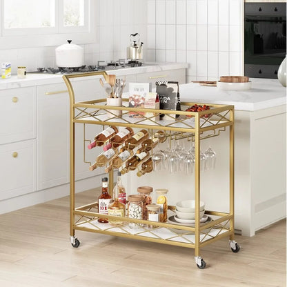 Gold Bar Cart for the Home, 2 Tier Bar Carts with Wheels & Wine Rack & Glass Holder for Living Room, Dining Room