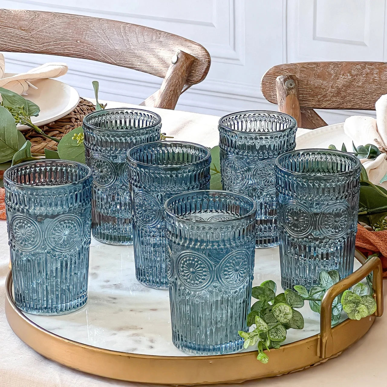 Vintage Textured Amber Striped Drinking Glasses Set of 24, (13 oz) Ribbed Glassware with Flower Design | Cocktail Set, Juice Glass, Water Tumbler