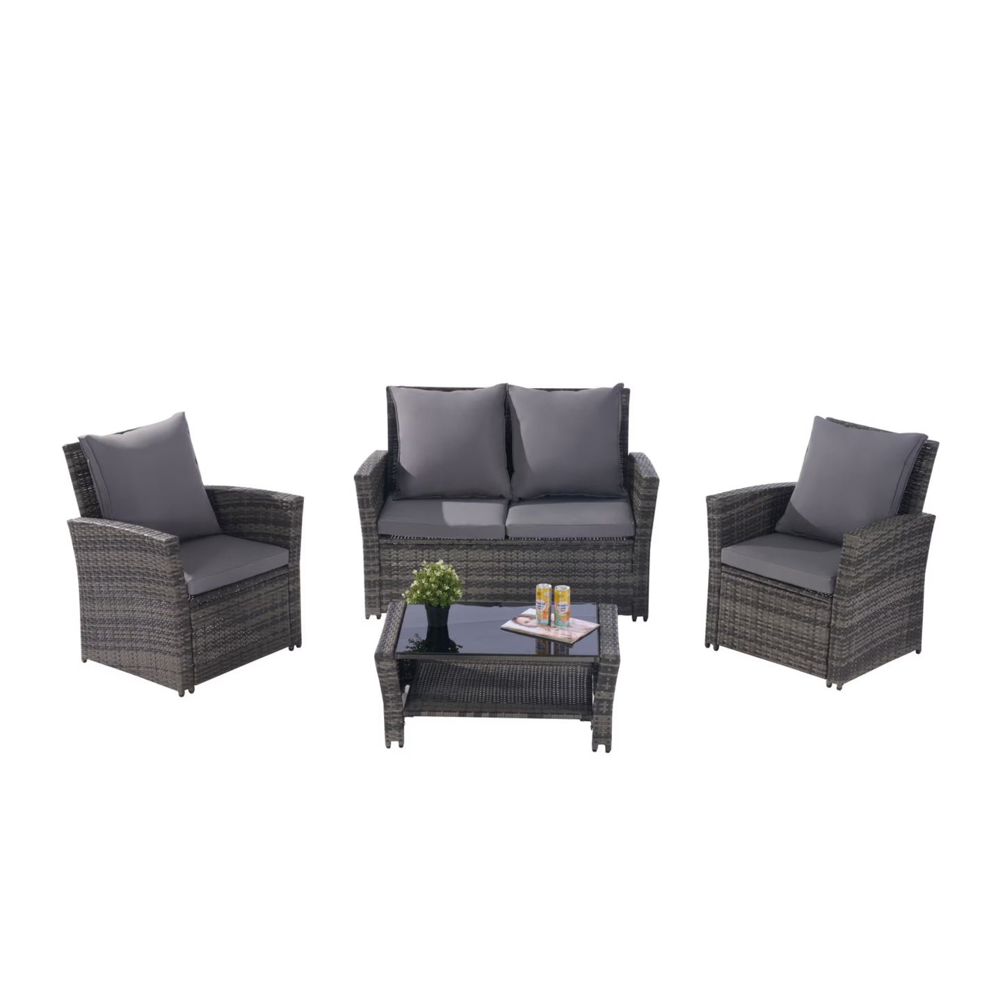 4 Pieces Outdoor Patio Furniture Sets Garden Rattan Chair Wicker Set, Poolside Lawn Chairs with Tempered Glass Coffee Table Porch Furniture