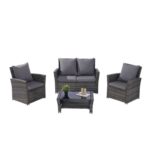 4 Pieces Outdoor Patio Furniture Sets Garden Rattan Chair Wicker Set, Poolside Lawn Chairs with Tempered Glass Coffee Table Porch Furniture
