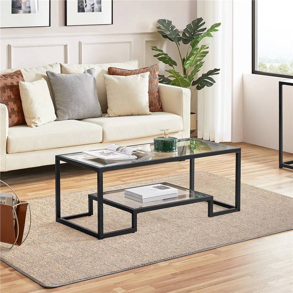 Smile Mart Modern Glass Coffee Table with Metal Frame, Black