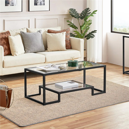Smile Mart Modern Glass Coffee Table with Metal Frame, Black
