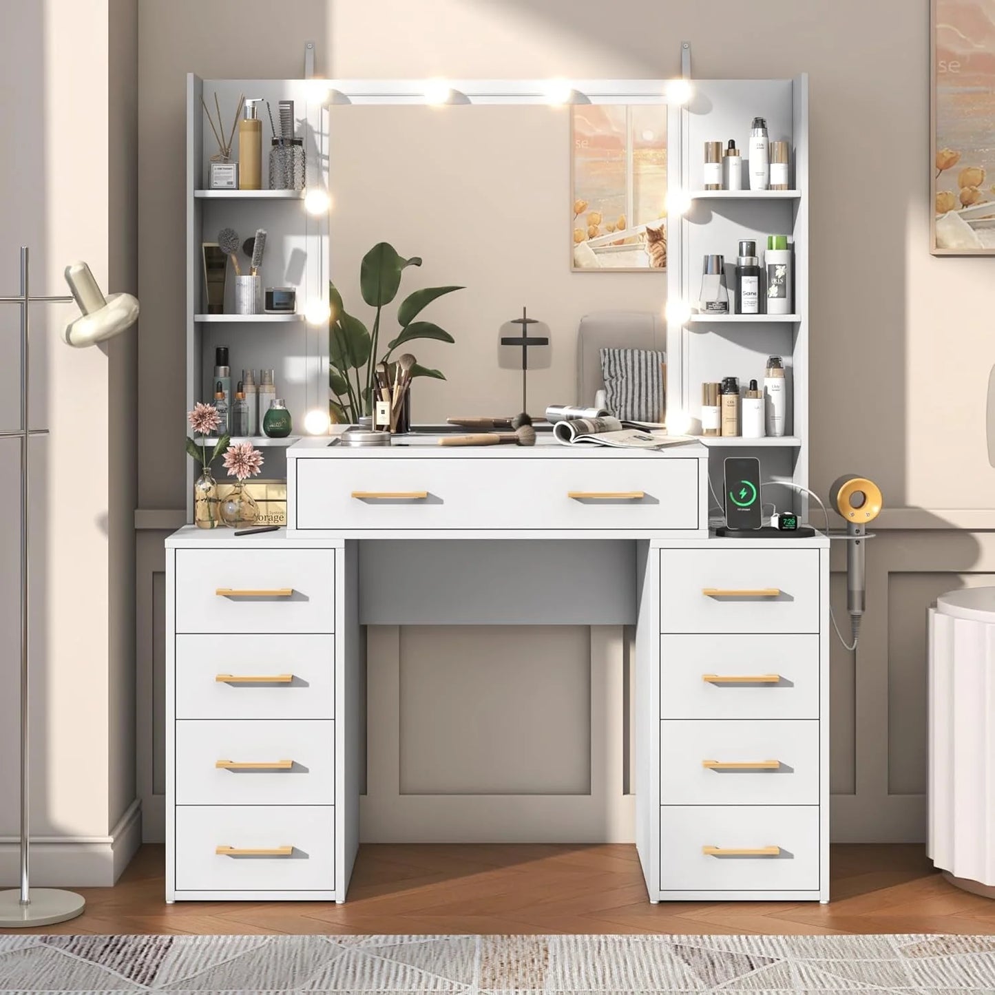 White Vanity Desk with Mirror & LED Lights, Glass Top Vanity Desk with Charging Station & Compartment Storage Drawers, 43" Large Makeup Vanity Table with 9 Drawers & 6 Shelves