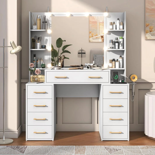 White Vanity Desk with Mirror & LED Lights, Glass Top Vanity Desk with Charging Station & Compartment Storage Drawers, 43" Large Makeup Vanity Table with 9 Drawers & 6 Shelves