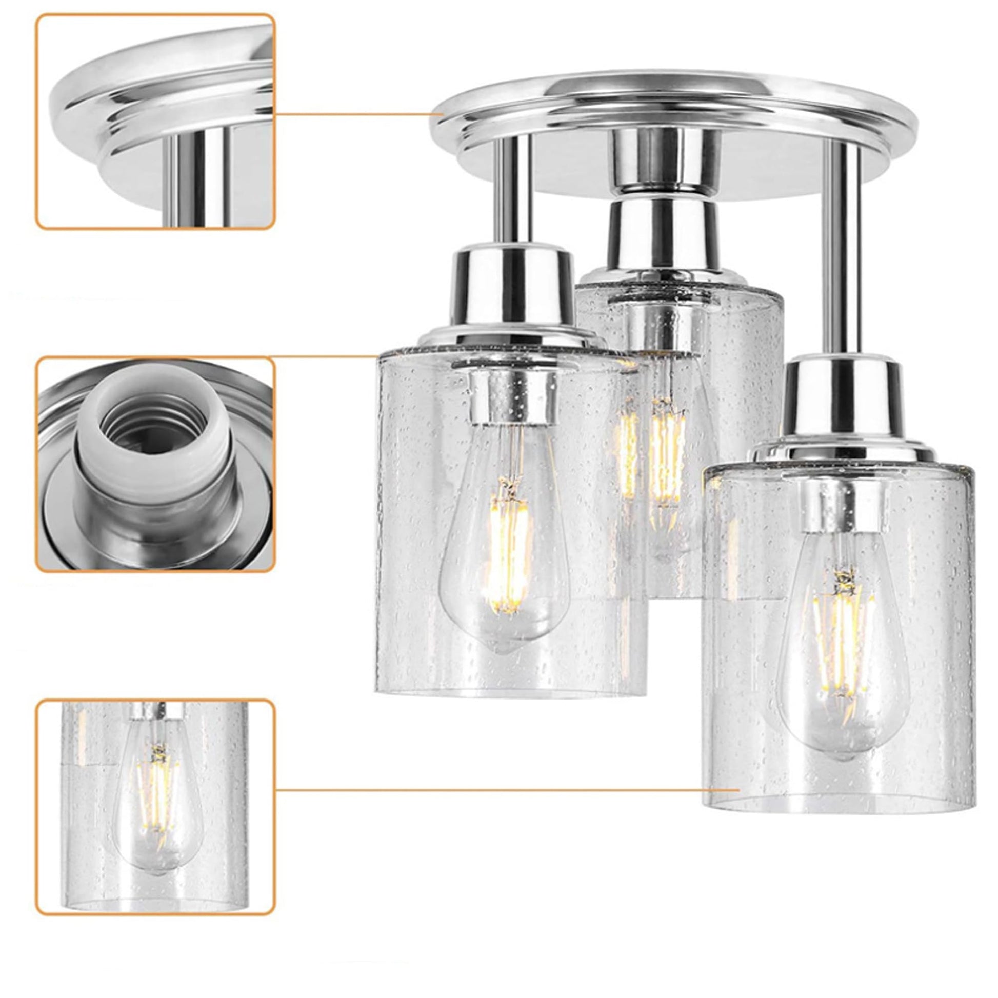 FSLiving 3-Head Glass Hanging Light with 15ft Plug-in Cord Nickel Decorative Plug In Ceiling Light Remote Control Hallway Pendant Light,Industrial Semi Flush Mount for Living Roon Bedroom