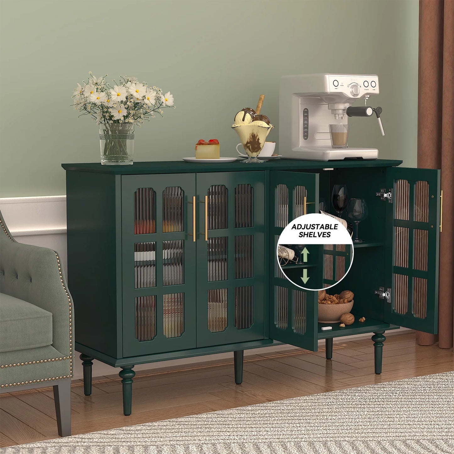 HLR 47.6" Modern Vintage Sideboards Buffet Cabinet with 4 Lattice Glass Door, Green