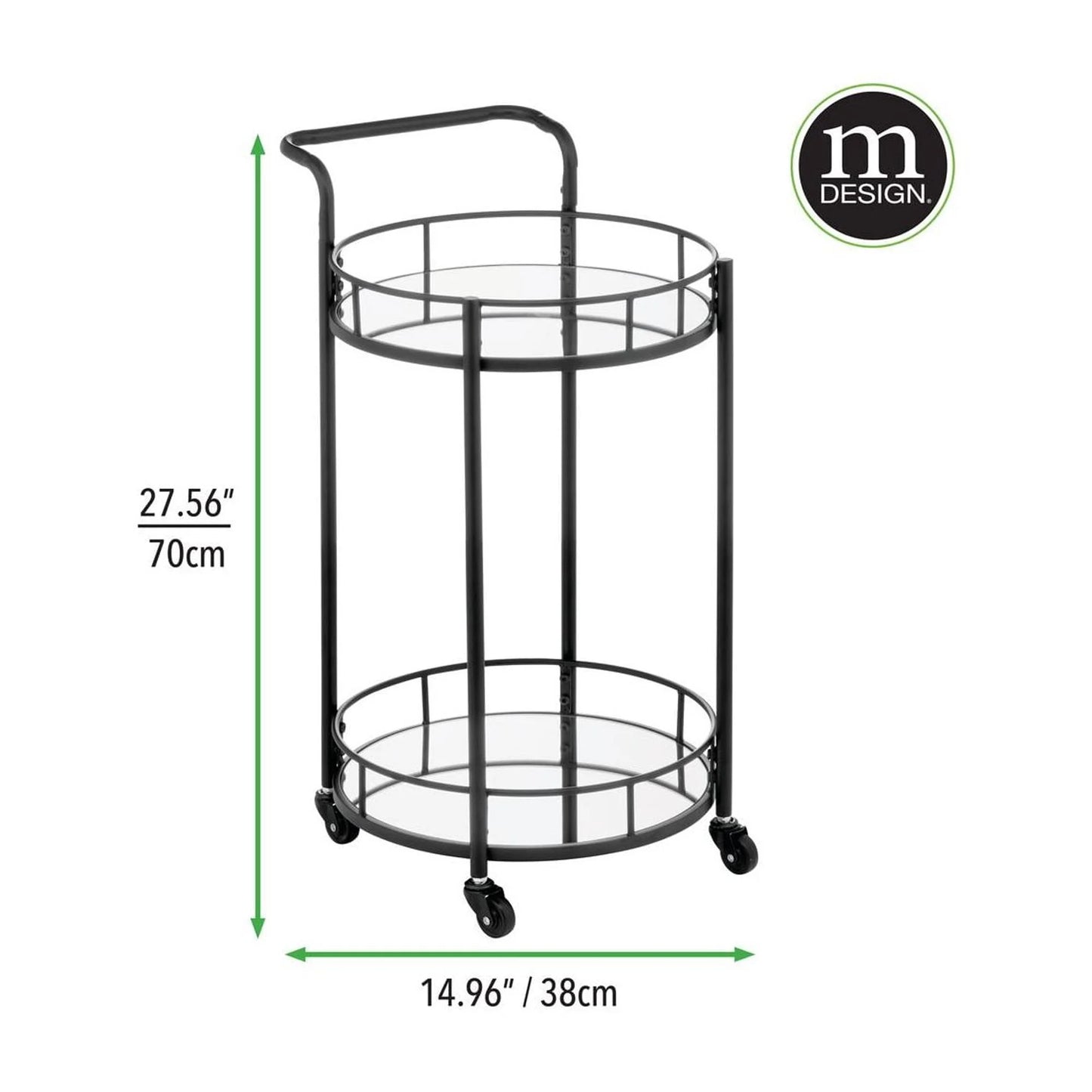 mDesign Metal Vintage Round Beverage Rolling Cart for Home - 2-Tier Serving Bar Trolley with Easy-Glide, Rotating Wheels, Built-in Handle, and Glass Shelves for Wine and Craft Beer - Black Round