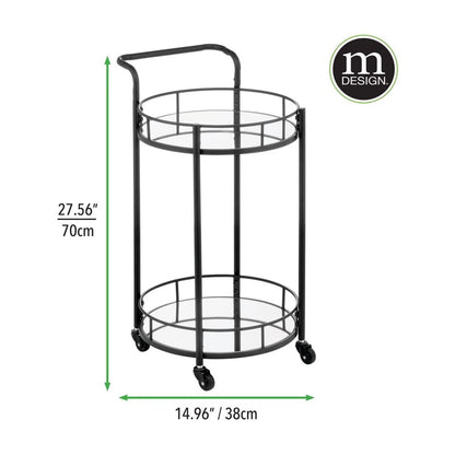 mDesign Metal Vintage Round Beverage Rolling Cart for Home - 2-Tier Serving Bar Trolley with Easy-Glide, Rotating Wheels, Built-in Handle, and Glass Shelves for Wine and Craft Beer - Black Round
