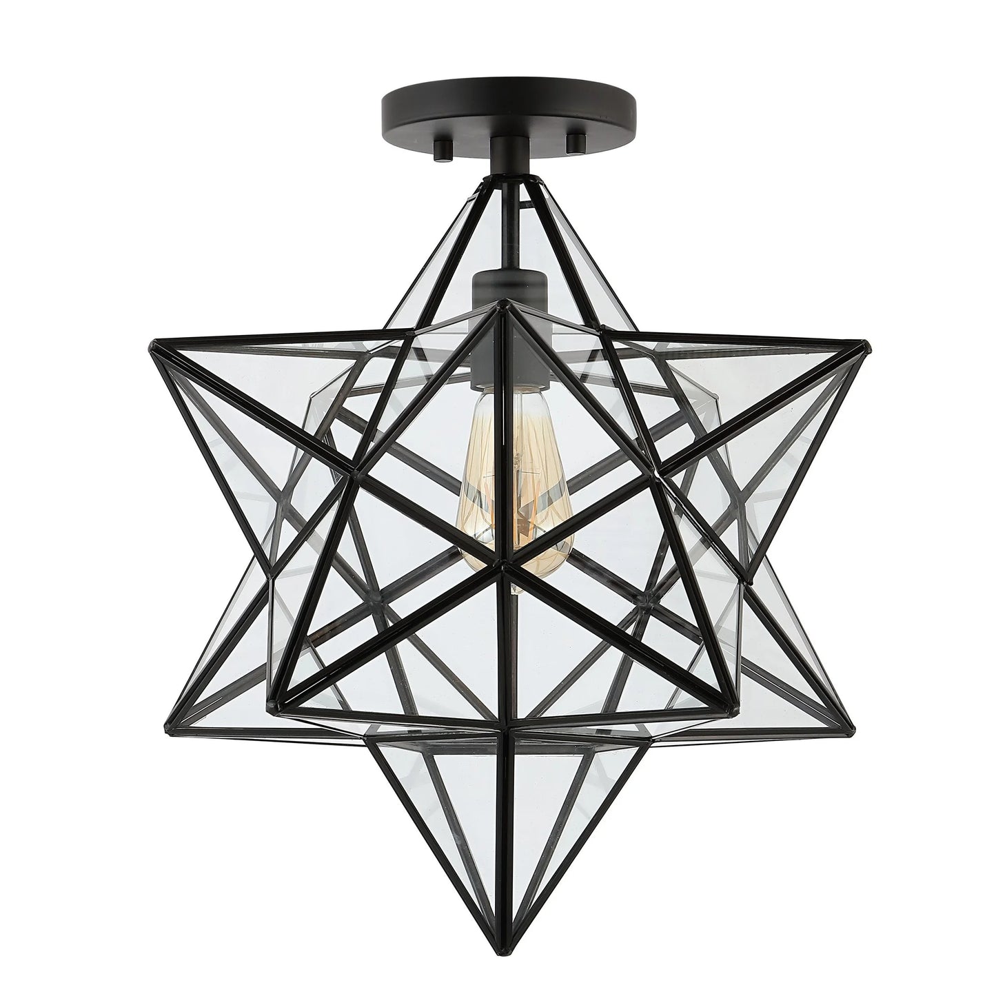 JONATHAN Y Ava 14.5" 1-Light Farmhouse Bohemian Iron/Glass LED Semi Flush Mount, Black/Clear