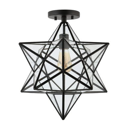 JONATHAN Y Ava 14.5" 1-Light Farmhouse Bohemian Iron/Glass LED Semi Flush Mount, Black/Clear