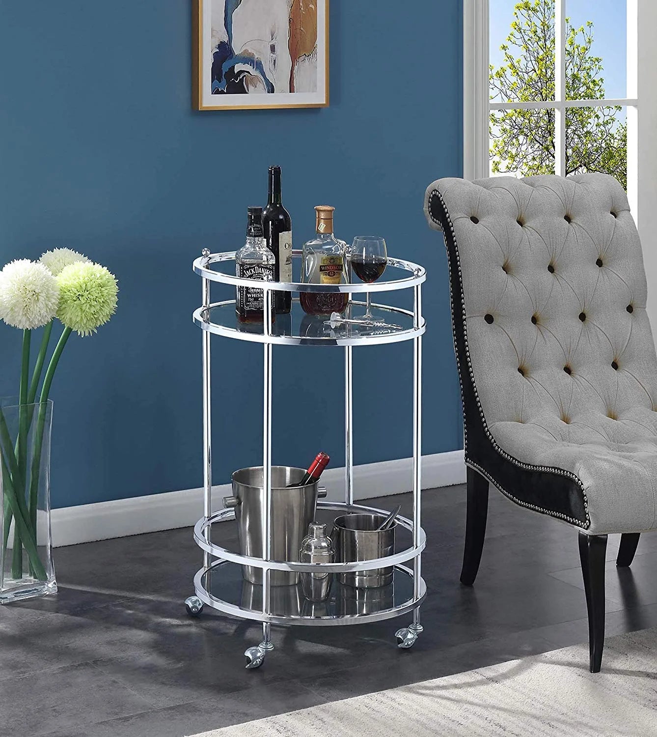 Royal Crest Bar Cart With Wheels in Clear Glass and Chrome Metal Frame