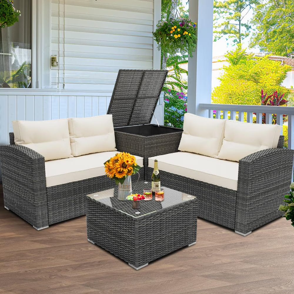 Rattan Patio Sofa Set, 4 Pieces Outdoor Sectional Furniture Set, All-Weather PE Rattan Wicker Patio Conversation Set, Cushioned Sofa Set with Glass Table for Patio Garden Poolside Deck