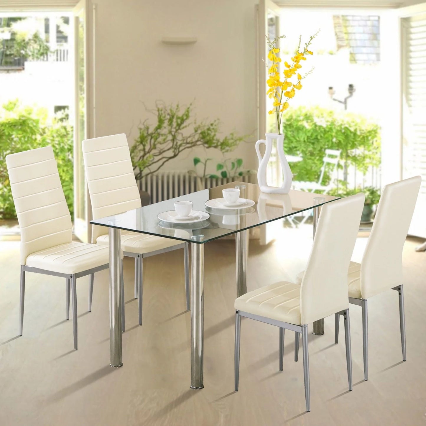 Ktaxon Dining Table set 5 Piece Dining Table Set Tempered Glass Top Dinette Sets with 4 PU Leather Chairs,Light White