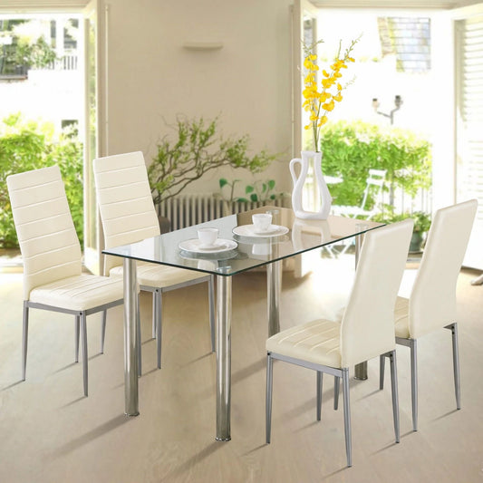 Ktaxon Dining Table set 5 Piece Dining Table Set Tempered Glass Top Dinette Sets with 4 PU Leather Chairs,Light White