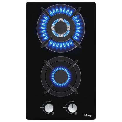 IsEasy Tempered Glass Gas Cooktop, 12 2 Burners 120V Built-in Gas Hob Suitable For Dual Fuel LPG/NG, Thermocouple Protection