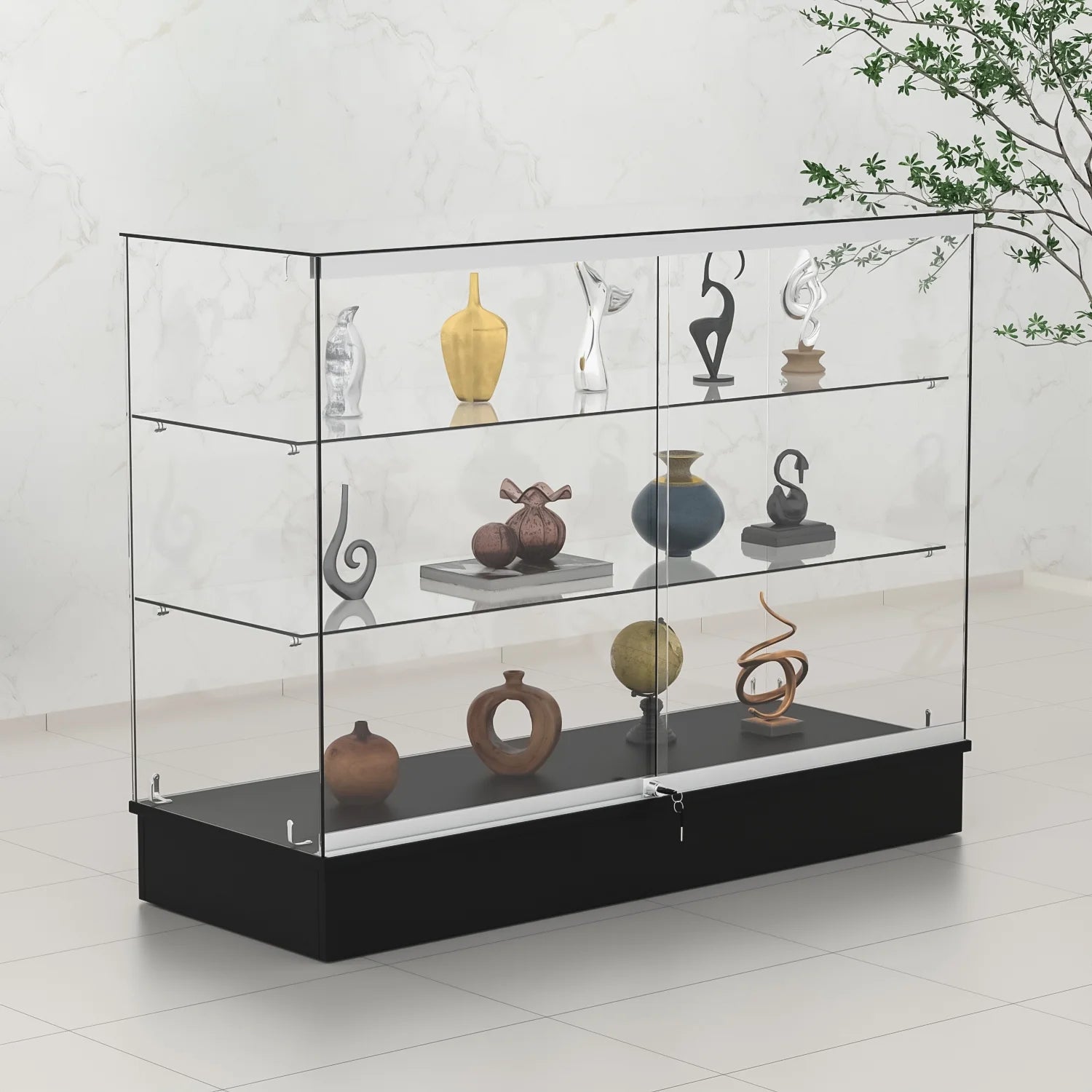 48" W x 18" D x 38" H - White Full Vision Retail Display Case, Tempered Glass Display Cabinet with Glass Shelves and Lock, Storage Cabinets for Retail and Collectible Display