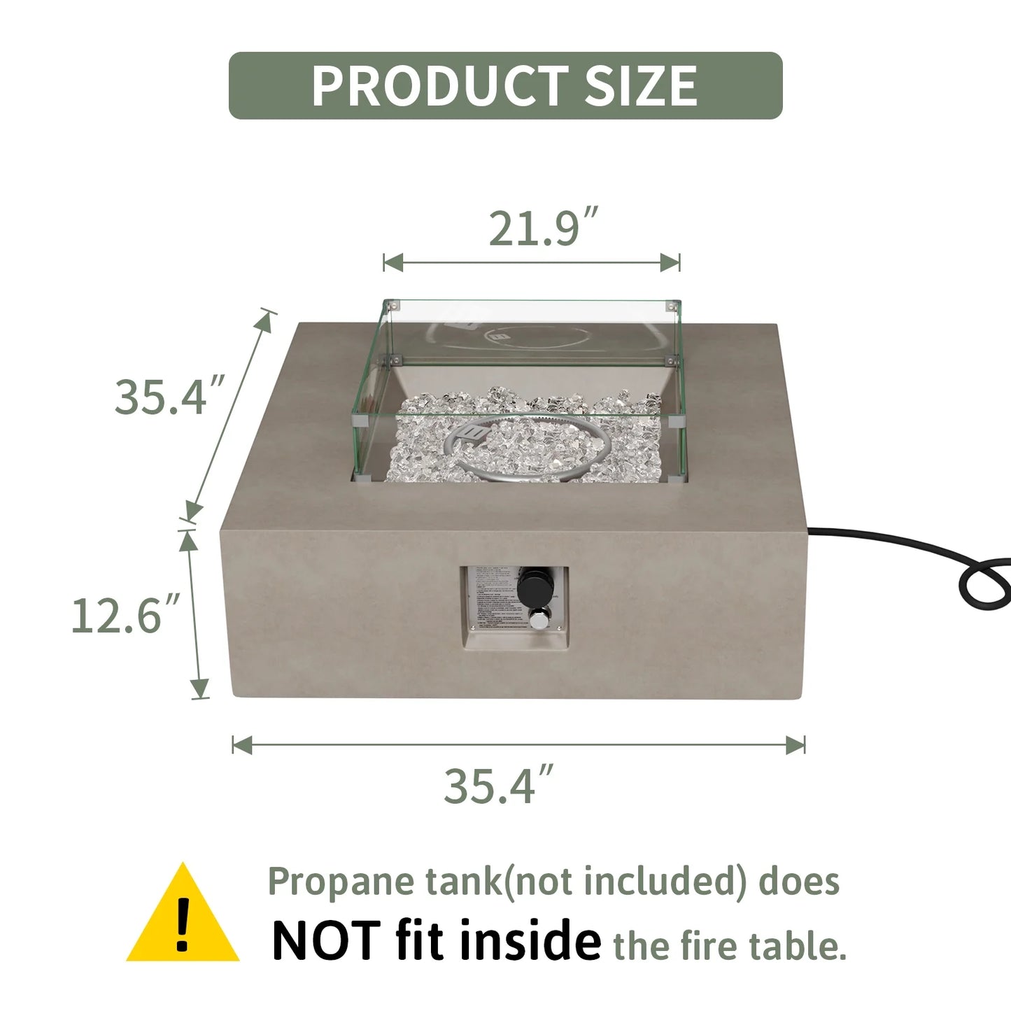 COSIEST 35" Square Concrete Fire Pit Table with Fire Glass & Wind Guard