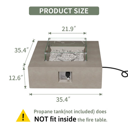 COSIEST 35" Square Concrete Fire Pit Table with Fire Glass & Wind Guard