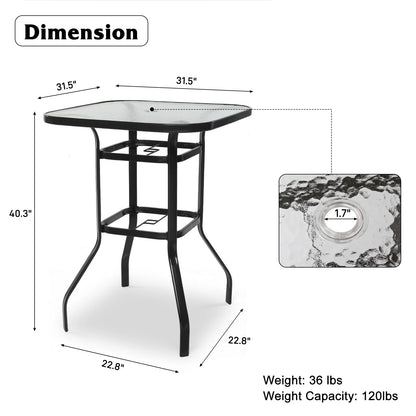 IVV Outdoor Patio Bar Height Bistro Table w/Tempered Glass Top & 1.8" Umbrella Hole & Metal Frame, 31.5"L x 31.5"W x 39.8"H, Black & Clear