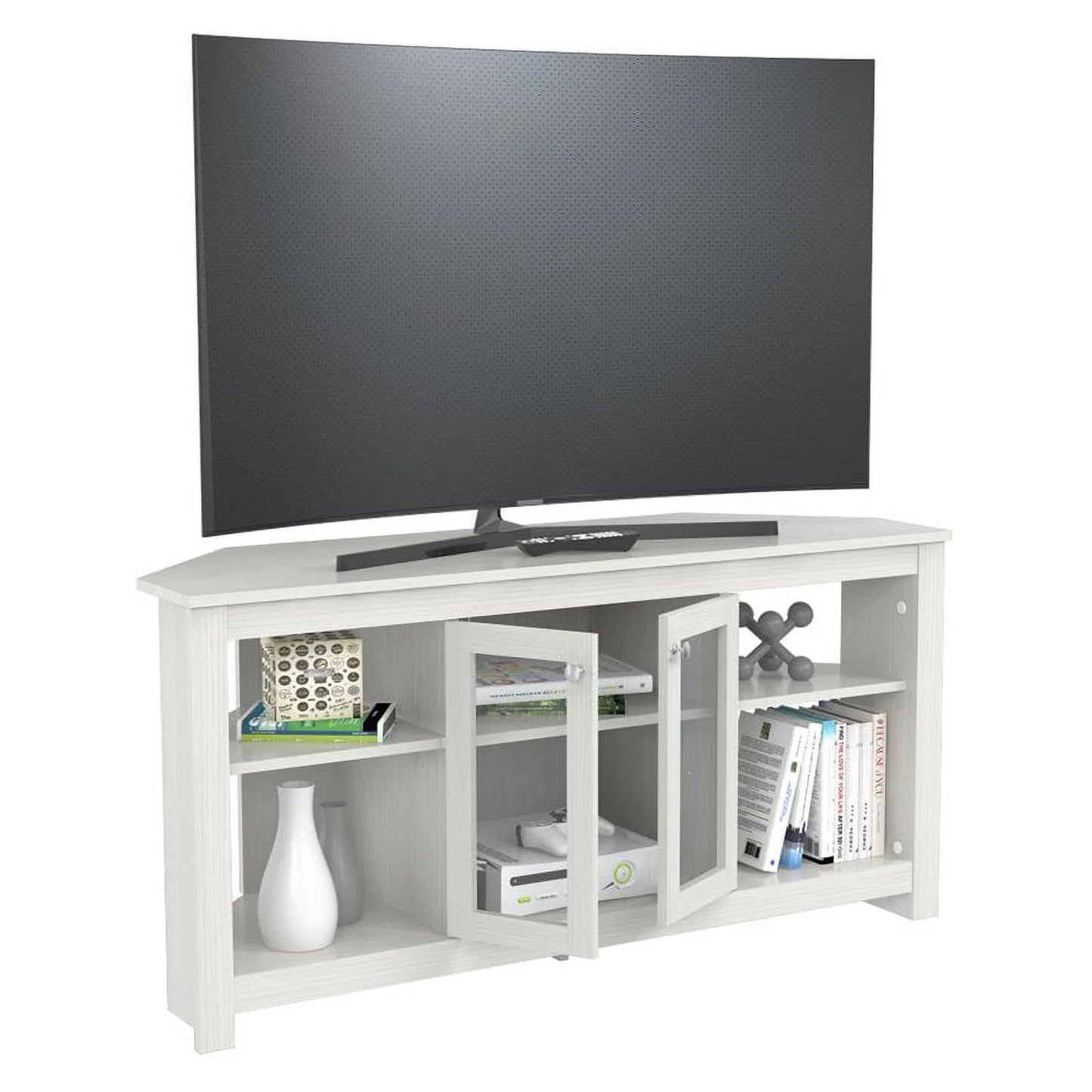 Inval Corner Laminate 60° TV Stand with Glass Doors, White