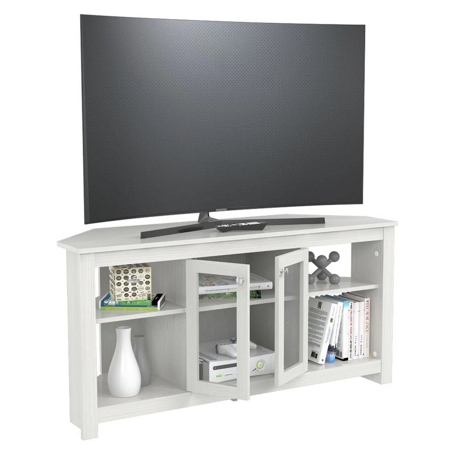Inval Corner Laminate 60° TV Stand with Glass Doors, White