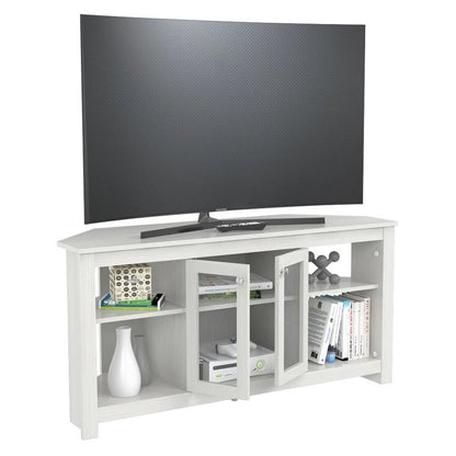 Inval Corner Laminate 60° TV Stand with Glass Doors, White