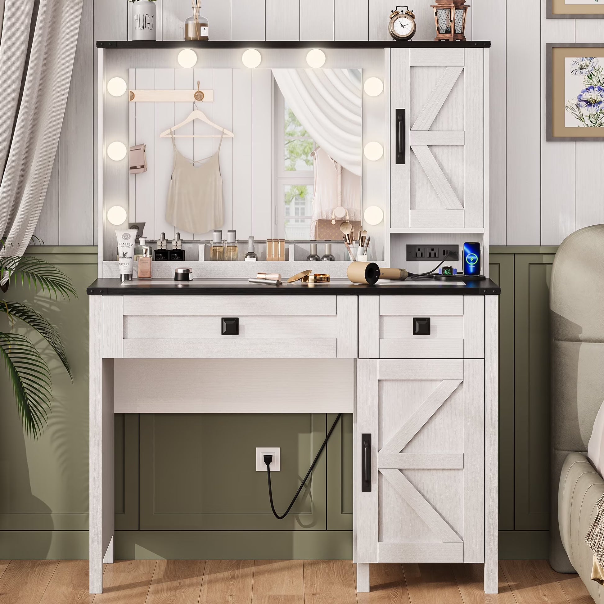 GIKPAL Makeup Vanity, Vanity Desk with Mirror & Glass Top, Farmhouse Vanity with Lights, Charging Station and Drawers, Rustic White