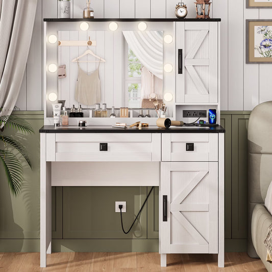 GIKPAL Makeup Vanity, Vanity Desk with Mirror & Glass Top, Farmhouse Vanity with Lights, Charging Station and Drawers, Rustic White