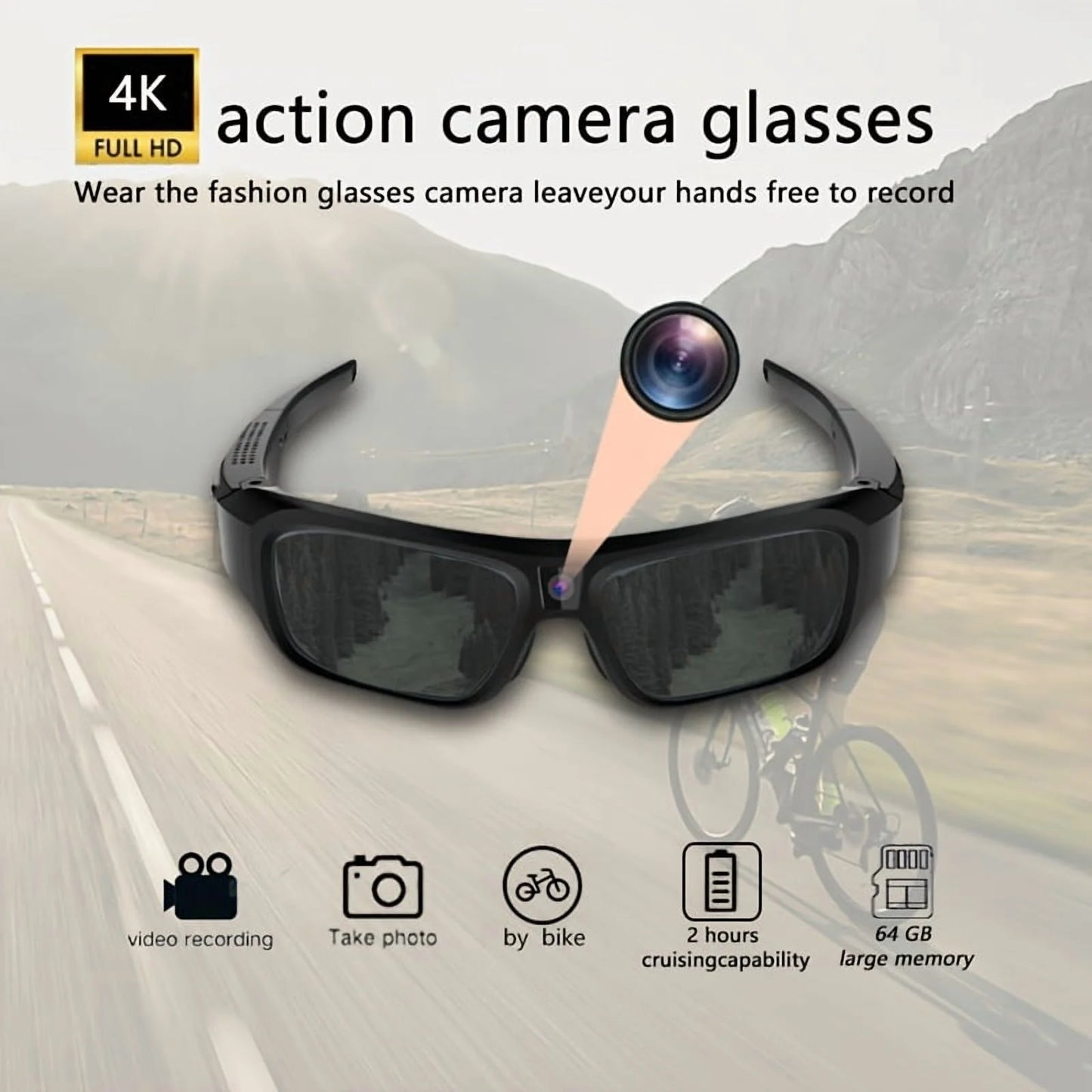 4K Camera Glasses - UHD Sports Action Cam with 64GB Card, 2-Hour Recording for Cycling, Motorcycle & Fishing, Hands-Free Body Camera (Black)