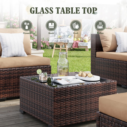MRUAKA 5 Pieces Patio Furniture Set, Outdoor Furniture Sectional Rattan Sofa with Slanted Back, Patio Couch with Glass Coffee Table for Backyard Garden (Khaki)