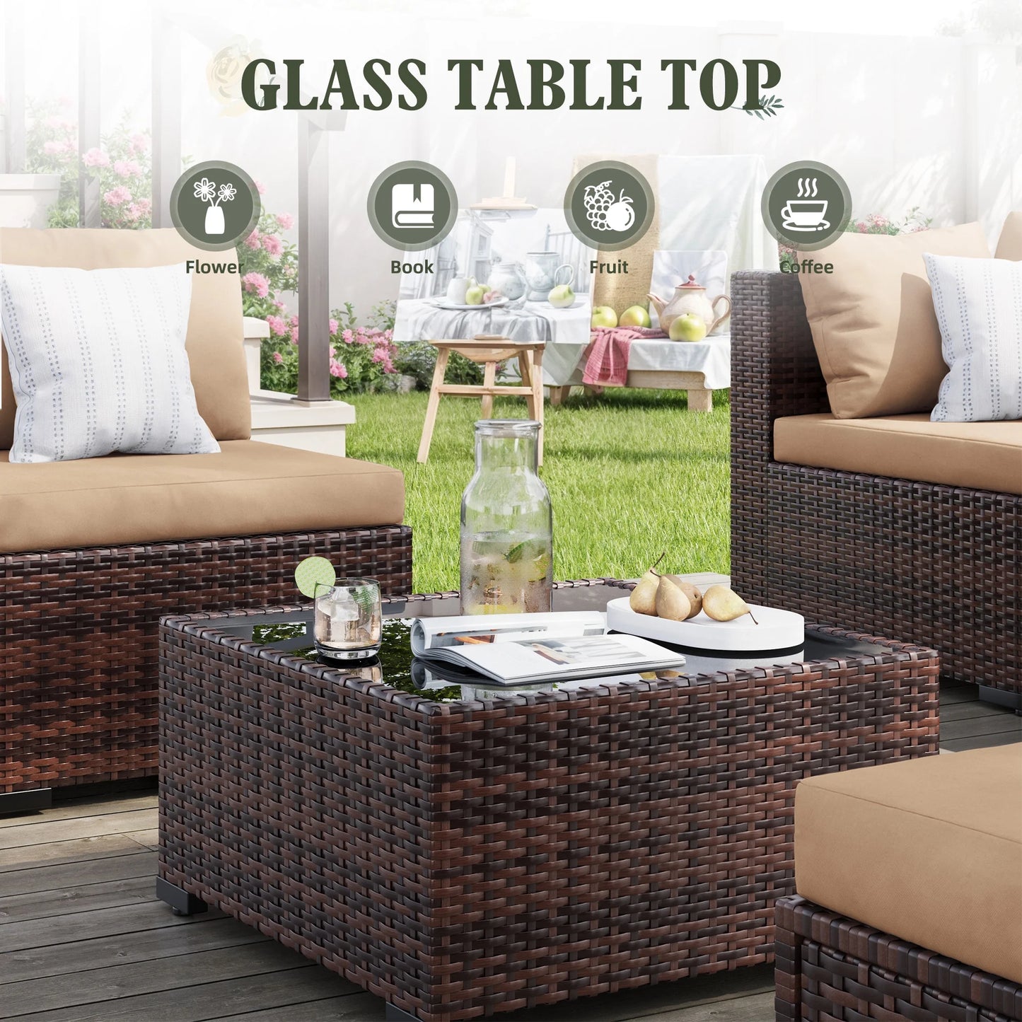 MRUAKA 8 Pieces Patio Furniture Set with Fire Pit Table, Outdoor Furniture Sectional Rattan Sofa with Slanted Back, Patio Couch with Glass Coffee Table for Backyard Garden (Dark Grey)
